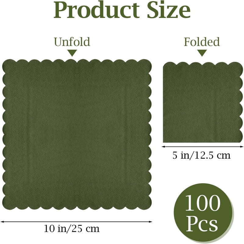 Hoiny 100 Pcs Cocktail Napkins, 2-Ply 5 x 5 Inches Disposable Scalloped Napkins, Thick Premium Dessert Napkins for Party, Wedding, Dinner, Birthday, Anniversary, Festival (Green) - Image 2